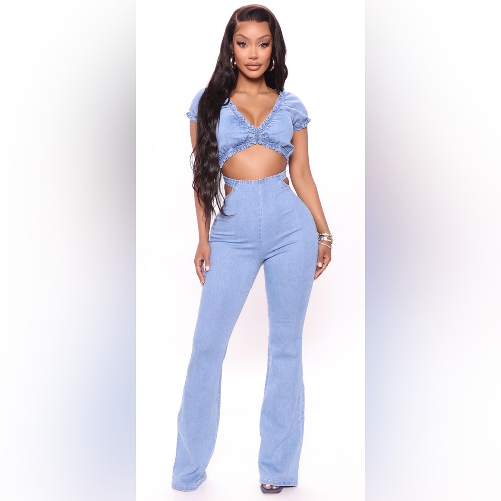 Fashion Nova Sky Blue Denim Jumpsuit